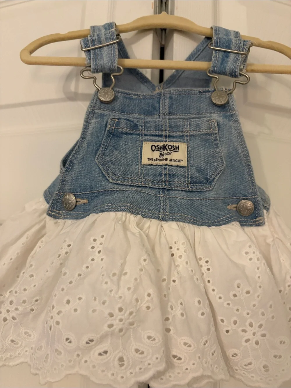 OshKosh B'gosh Denim Overall Dress Light Blue and White Eyelet Ruffles 6 Months
